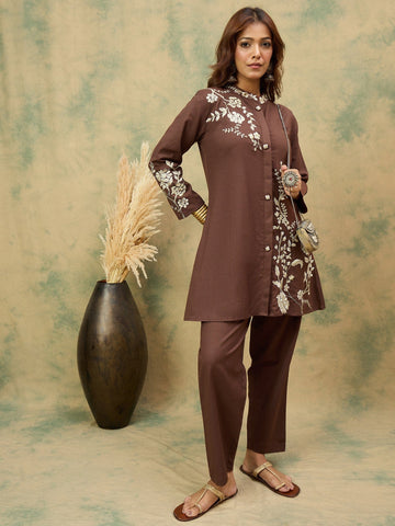 KSUT Women Elegant Brown Co-Ord Set Featuring Thread Embroidery , Paired With Ankle-Length Trousers For A Chic, Coordinated Look.