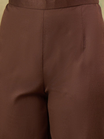 KSUT Women Elegant Brown Co-Ord Set Featuring Thread Embroidery , Paired With Ankle-Length Trousers For A Chic, Coordinated Look.