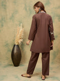 Varanga Women Elegant Brown Co-Ord Set Featuring Thread Embroidery , Paired With Ankle-Length Trousers For A Chic, Coordinated Look.