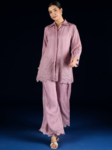 Varanga Co Ords Set With Embroidered Top Paired With Solid Ankle-Length Trousers For A Stylish And Comfortable Look.