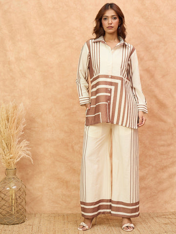 Varanga Women Stripe Print White And Brown Co-Ord Set With Regular Shirt Collar Top Paired With Matching Stripe Print Trousers