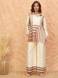 Varanga Women Stripe Print White And Brown Co-Ord Set With Regular Shirt Collar Top Paired With Matching Stripe Print Trousers