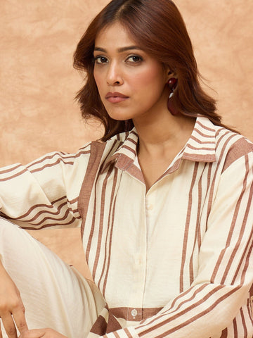 Varanga Women Stripe Print White And Brown Co-Ord Set With Regular Shirt Collar Top Paired With Matching Stripe Print Trousers