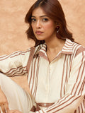 Varanga Women Stripe Print White And Brown Co-Ord Set With Regular Shirt Collar Top Paired With Matching Stripe Print Trousers
