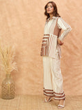 Varanga Women Stripe Print White And Brown Co-Ord Set With Regular Shirt Collar Top Paired With Matching Stripe Print Trousers