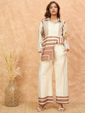 Varanga Women Stripe Print White And Brown Co-Ord Set With Regular Shirt Collar Top Paired With Matching Stripe Print Trousers