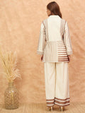 Varanga Women Stripe Print White And Brown Co-Ord Set With Regular Shirt Collar Top Paired With Matching Stripe Print Trousers