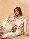 Varanga Women Stripe Print White And Brown Co-Ord Set With Regular Shirt Collar Top Paired With Matching Stripe Print Trousers