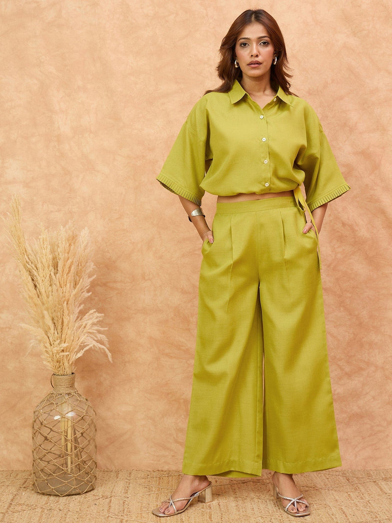 Varanga Women Solid Co Ords Set With A Drawstring Crop Shirt And Easy Fit Trouser . Simple , Sleek , Statement.
