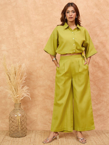 Varanga Women Solid Co Ords Set With A Drawstring Crop Shirt And Easy Fit Trouser . Simple , Sleek , Statement.