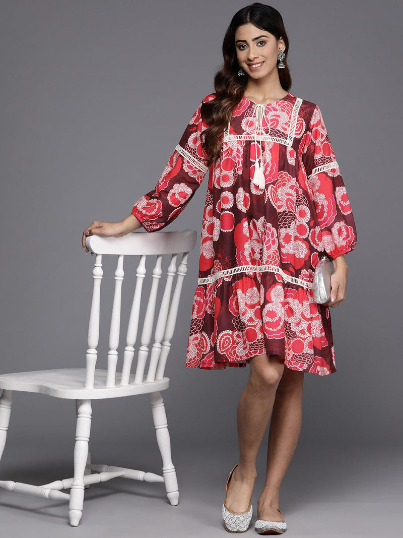 KSUT Women Maroon And Peach Floral Printed Lace Detail Tiered Dress