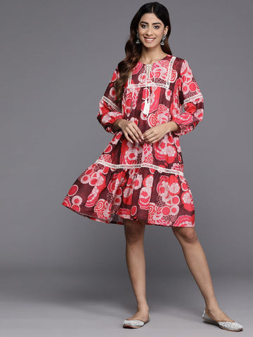 KSUT Women Maroon And Peach Floral Printed Lace Detail Tiered Dress