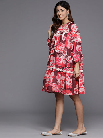 KSUT Women Maroon And Peach Floral Printed Lace Detail Tiered Dress