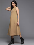 Varanga Women Brown Boatneck Sleeveless A-Line Dress