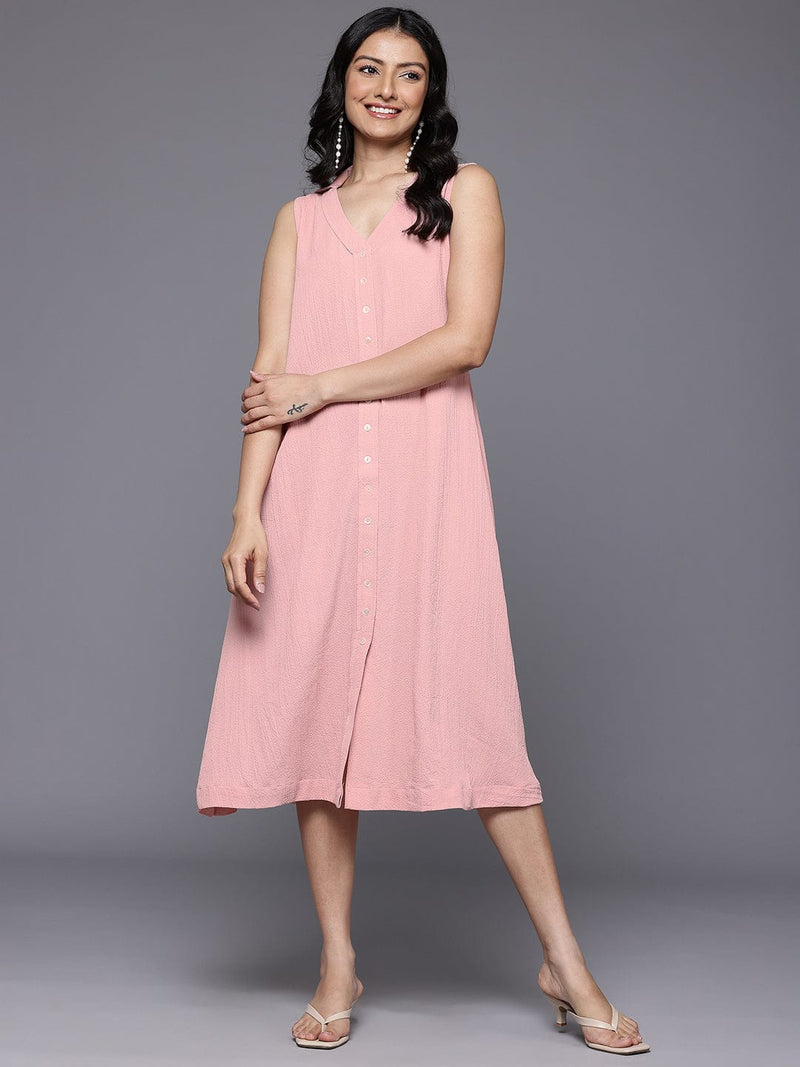 Varanga Women Peach Front Placket Deatiled A-Line Dress