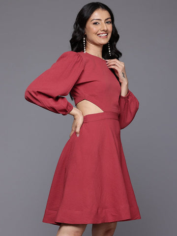 Varanga Women Rust Round Neck, Cut-Out Detail On Waist, Knee Length Dress