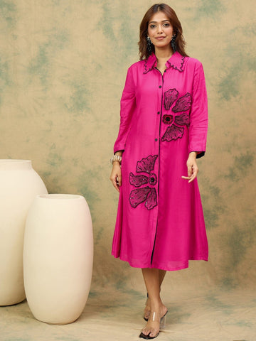 Pink A-Line Dress With A Shirt Collar And Thread Embroidery, Blending Comfort And Elegance For Any Occasion.