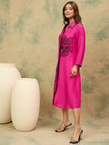 Pink A-Line Dress With A Shirt Collar And Thread Embroidery, Blending Comfort And Elegance For Any Occasion.