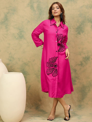 Pink A-Line Dress With A Shirt Collar And Thread Embroidery, Blending Comfort And Elegance For Any Occasion.