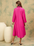 Pink A-Line Dress With A Shirt Collar And Thread Embroidery, Blending Comfort And Elegance For Any Occasion.