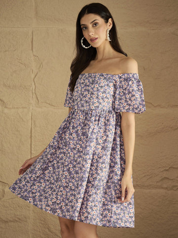A Stunning Off-Shoulder Dress With Flared Sleeves .