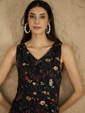 A Sleek Black Floral-Printed Knee-Length Dress With A V-Neckline And Side Slitâ€”Sleeveless, Stylish, And Perfect For Effortless Day-To-Evening Charm.