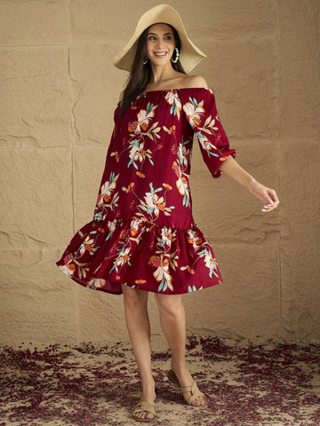 A Bold Floral-Printed Knee-Length Dress With An Elasticated Off-Shoulder Neckline And Balloon Sleevesâ€”Perfect For Turning Heads From Brunch To Evening Outings.