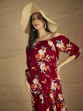 A Bold Floral-Printed Knee-Length Dress With An Elasticated Off-Shoulder Neckline And Balloon Sleevesâ€”Perfect For Turning Heads From Brunch To Evening Outings.