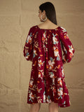 A Bold Floral-Printed Knee-Length Dress With An Elasticated Off-Shoulder Neckline And Balloon Sleevesâ€”Perfect For Turning Heads From Brunch To Evening Outings.