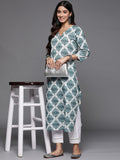 Varanga Women Teal And White Geometrical Print Kurta