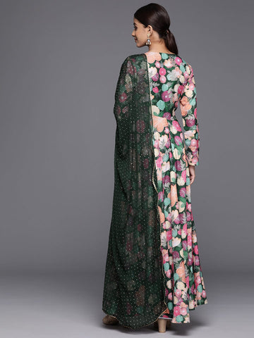 KSUT WomenWomen Green Floral Printed Angrakha Style Anarkali Kurta Paired With Dupatta