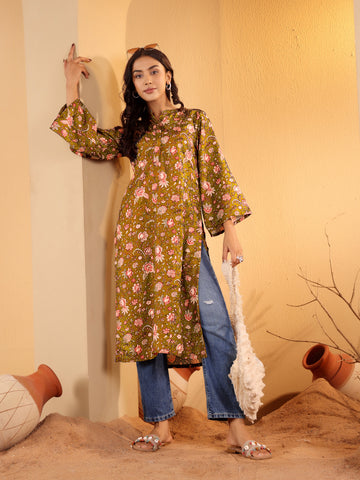 Varanga Women Mustard Floral Printed Straight Kurta With Flared Sleeves