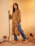 Varanga Women Mustard Floral Printed Straight Kurta With Flared Sleeves