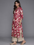 Varanga Women Rust Floral Printed Stud Detail At V Neck Straight Kurta