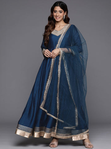 Varanga Women Blue Lace Embroidered Anarkali Kurta Paired With Net Sequined Dupatta