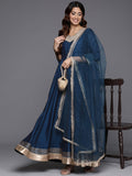 Varanga Women Blue Lace Embroidered Anarkali Kurta Paired With Net Sequined Dupatta