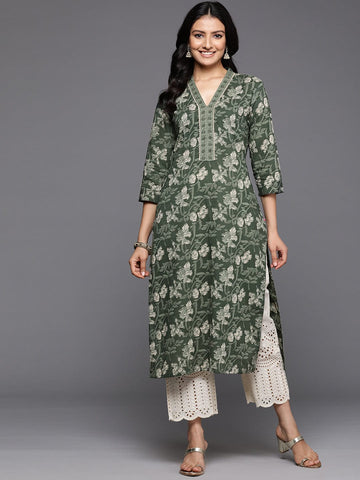 Varanga Women Green V Neck With Cotton Lace Detailed Straight Kurta