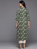 Varanga Women Green V Neck With Cotton Lace Detailed Straight Kurta