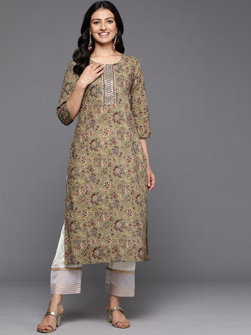 Varanga Women Olive Green Floral Printed Mirror Yoke Embroidered Straight Kurta