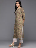 Varanga Women Olive Green Floral Printed Mirror Yoke Embroidered Straight Kurta