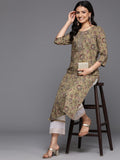 Varanga Women Olive Green Floral Printed Mirror Yoke Embroidered Straight Kurta