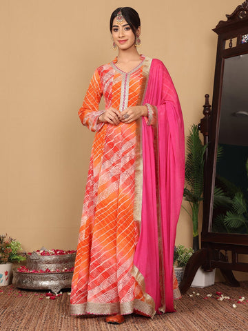Varanga Woven Leheriya V-Neck Lace Embellished Anarkali Kurta With Dupatta