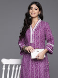 Varanga Women Purple V Neck Bandhani Printed Lace Detailed Straight Kurta