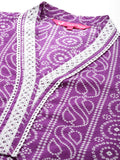 Varanga Women Purple V Neck Bandhani Printed Lace Detailed Straight Kurta