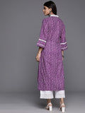 Varanga Women Purple V Neck Bandhani Printed Lace Detailed Straight Kurta