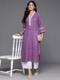 Varanga Women Purple V Neck Bandhani Printed Lace Detailed Straight Kurta