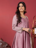 Varanga Women Mauve V Neck Embroidered Kurta with Tonal Sequence Net Dupatta