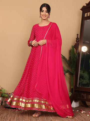 Varanga Woven Pink Bandhani Anarkali Kurta With Dupatta