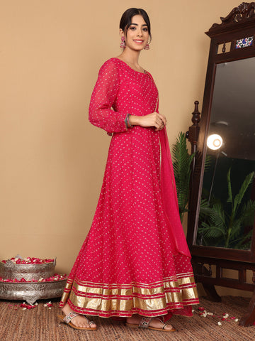 Varanga Woven Pink Bandhani Anarkali Kurta With Dupatta