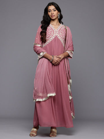 Varanga Women Mauve V Neck with Dori and Zari Embroidered Anarkali Kurta with Dupatta